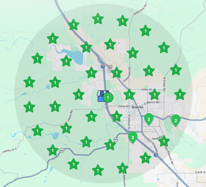 Local SEO grid tracking showing #1 rankings across Boerne, Texas